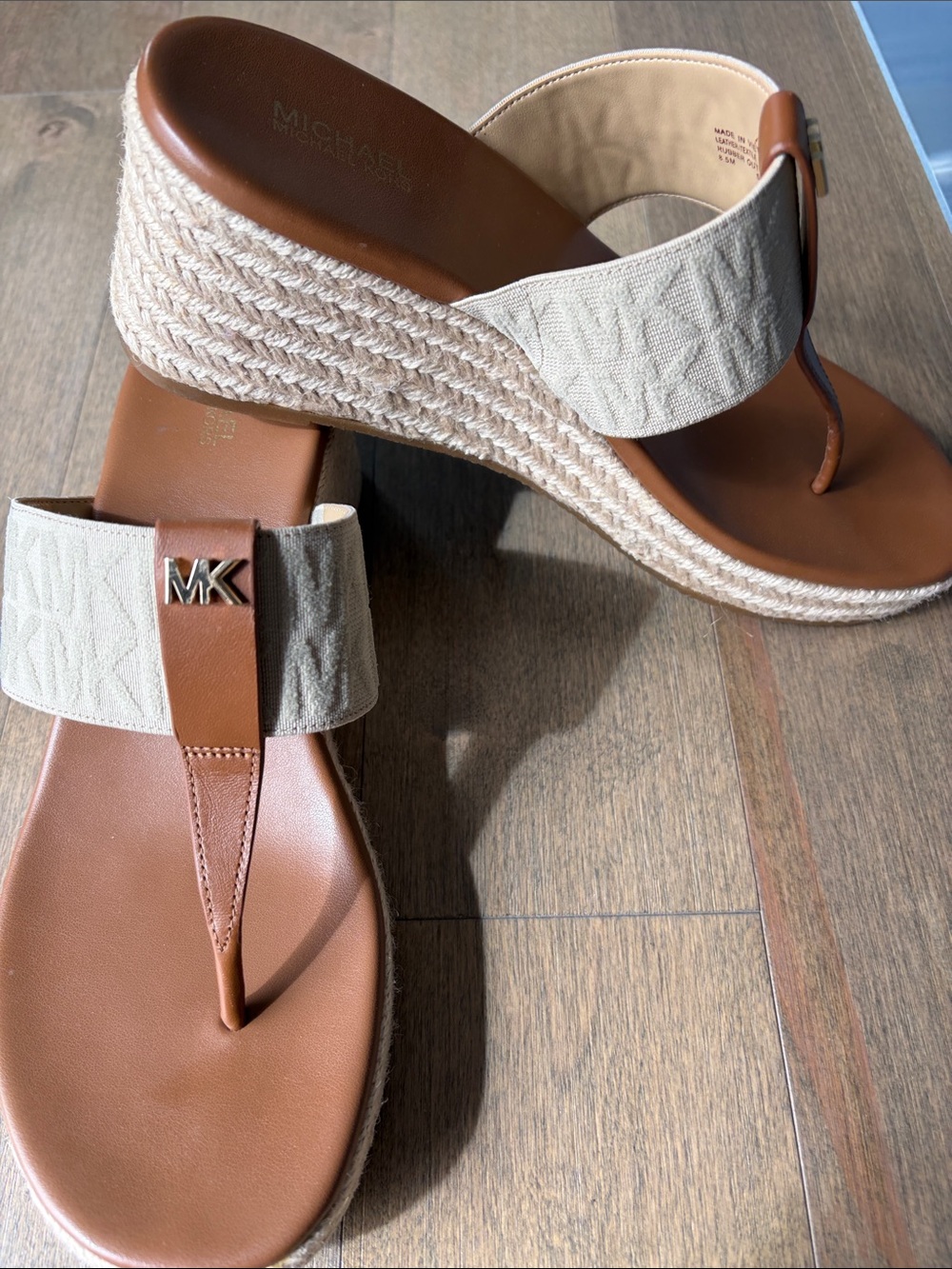 MICHAEL Michael Kors Tan and Cream Logo wedge Thong Sandals